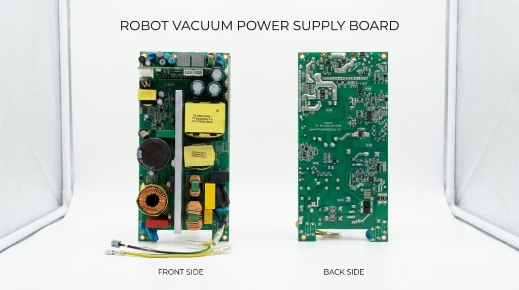Front and back view of built-in open frame power supply board for robot vacuum, high-precision PCB assembly