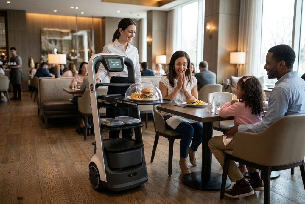 A modern service delivery robot powered by AiecoPower 54V 10A lithium battery charger serving meals to happy customers in a high-end restaurant