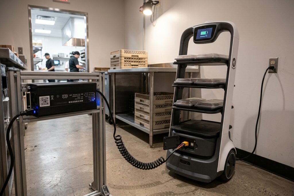 AP-PF600CH05400100 54V 10A industrial lithium battery charger connected to a food delivery robot in a commercial kitchen docking area.
