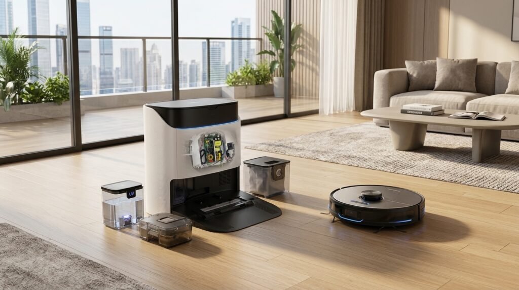 A modern smart robot vacuum and all-in-one base station with a transparent cutaway showing the built-in AiecoPower custom open-frame AC-DC power supply board.